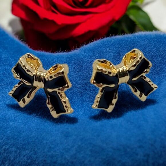 Black & Gold Bow Ribbon Earrings On Trend Bowtie Detail Shaped Bowknot Studs - Picture 3 of 10